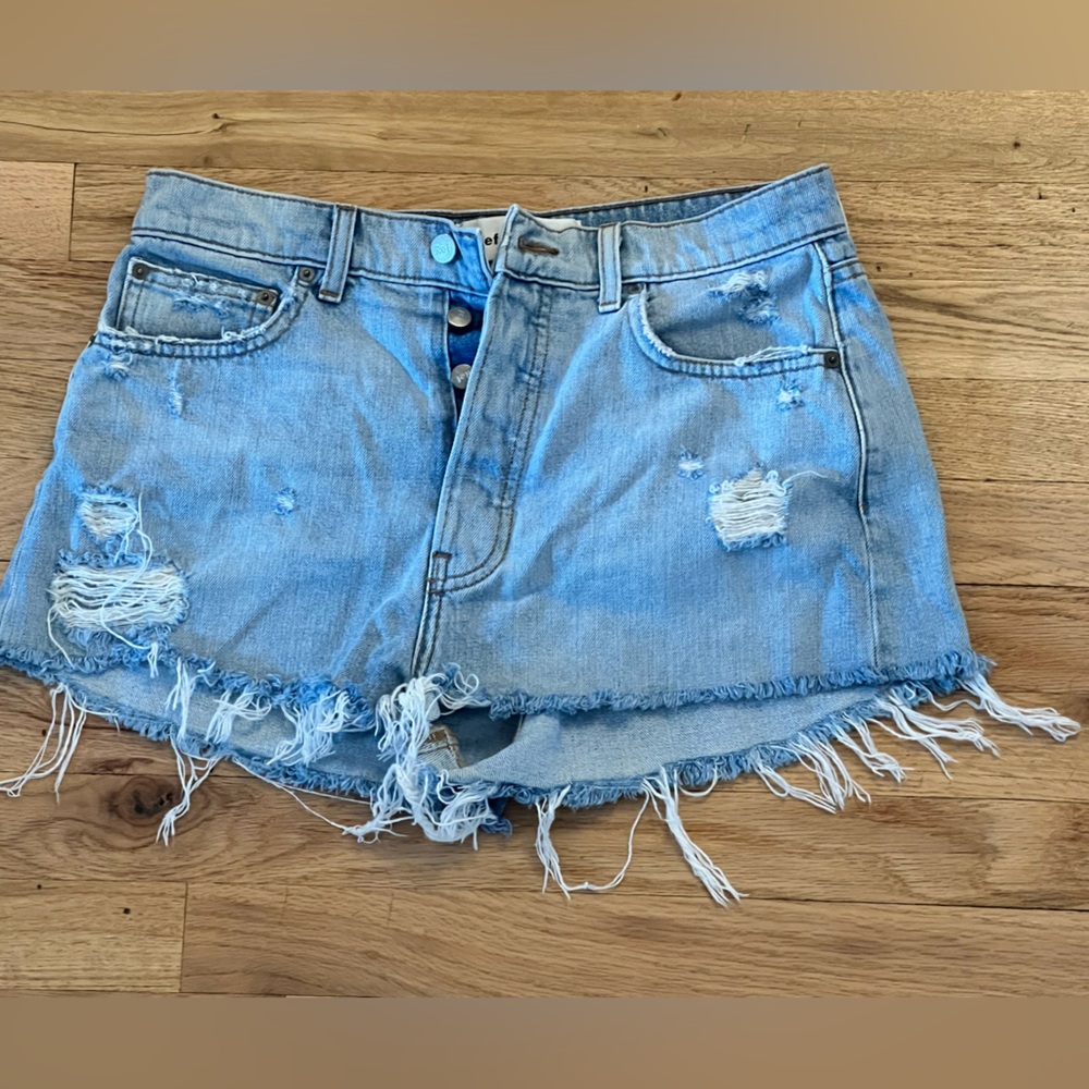 Reformation Blue Jean Shorts Distressed Frayed Hem